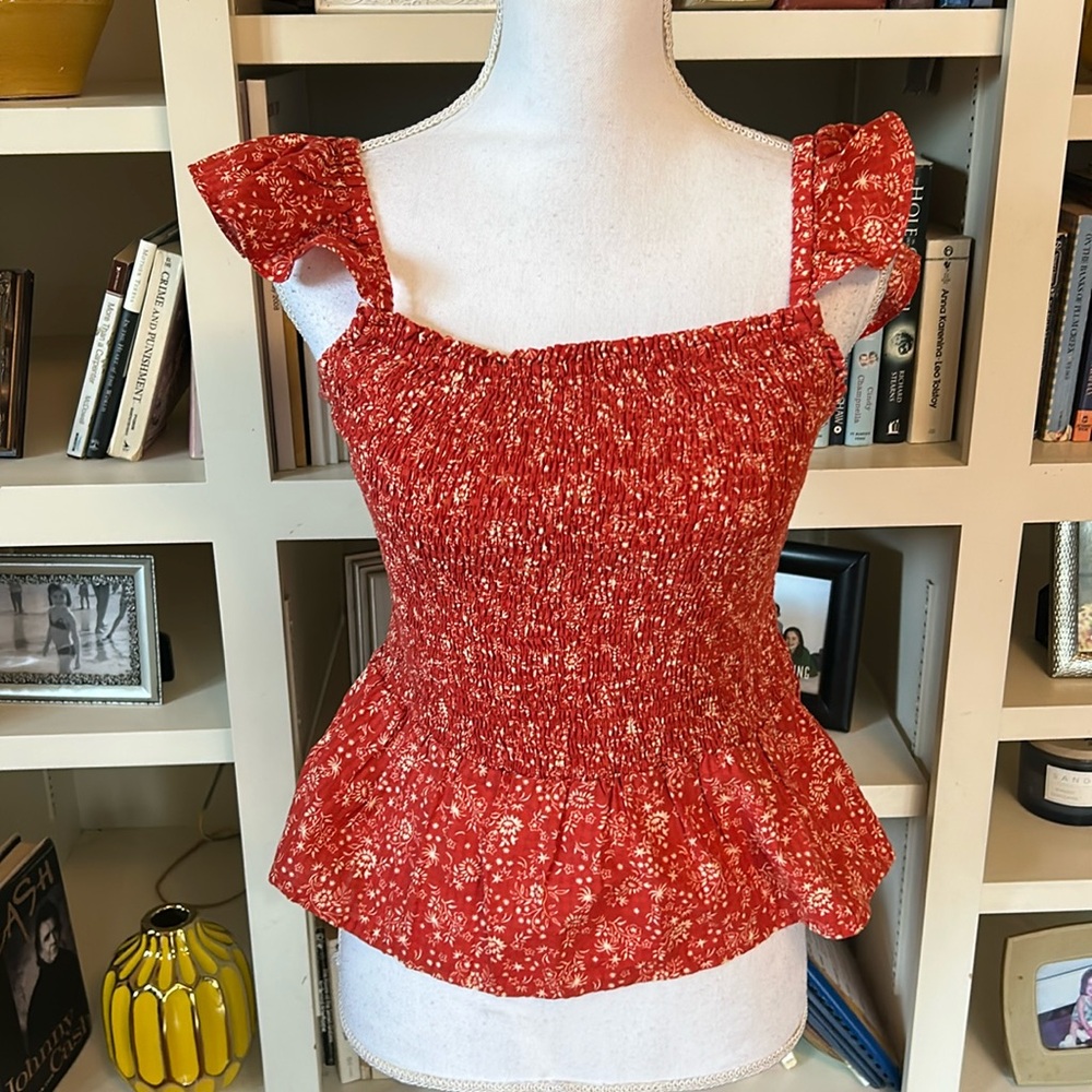 Madewell Lucie Orange Smocked Peplum Top in Piazza Floral Size 0 Summer‎ Preppy